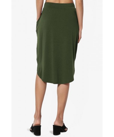 Women's Drawstring Elastic Waist Dolphin Hem Stretch Jersey Pocket Midi Skirt Army Green $10.34 Skirts