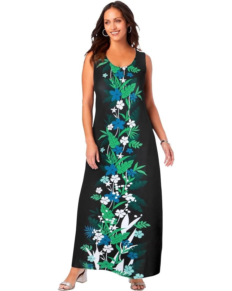 Women's Plus Size Sleeveless Knit Maxi Dress Kelly Green Graphic Tropical $20.56 Dresses