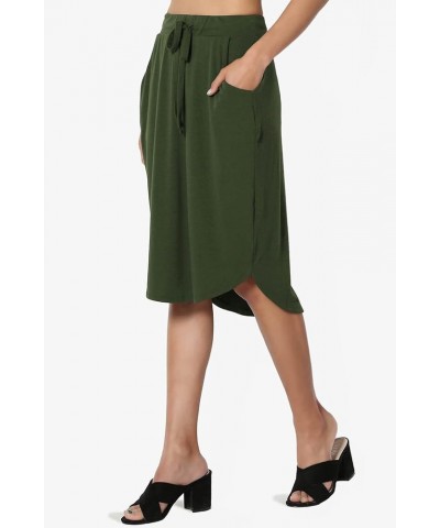 Women's Drawstring Elastic Waist Dolphin Hem Stretch Jersey Pocket Midi Skirt Army Green $10.34 Skirts