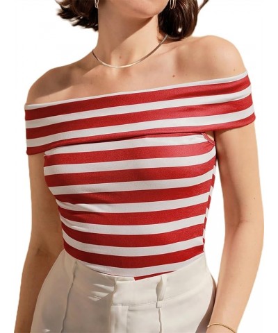 Women's Short Sleeve Vogue Fitted Off Shoulder Shirt Modal Top T-Shirt Sailor Red White Striped $8.99 T-Shirts