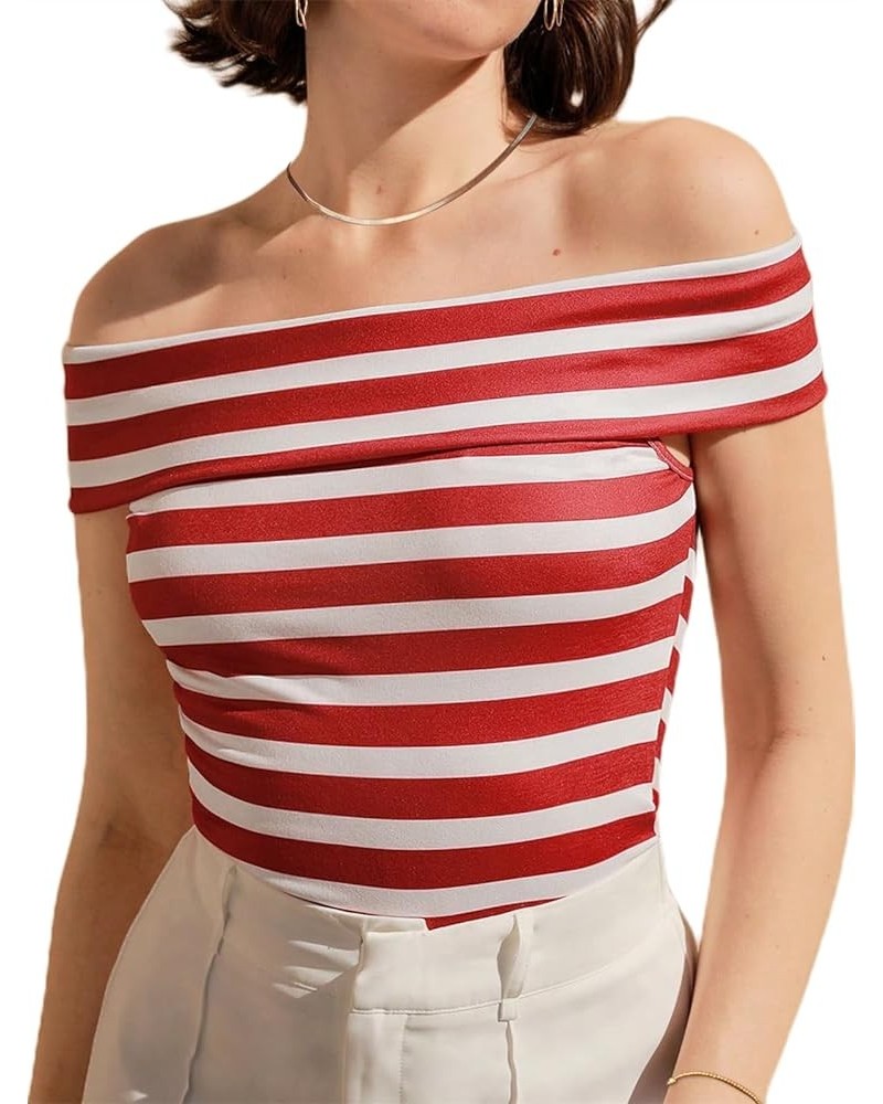 Women's Short Sleeve Vogue Fitted Off Shoulder Shirt Modal Top T-Shirt Sailor Red White Striped $8.99 T-Shirts