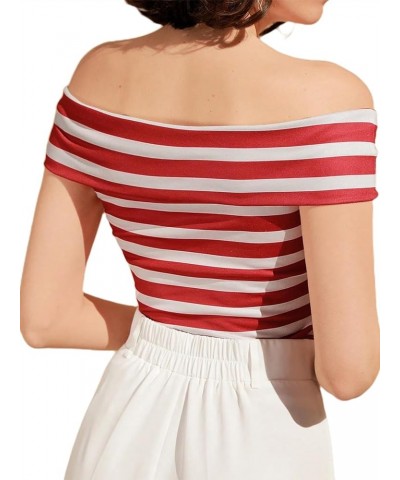 Women's Short Sleeve Vogue Fitted Off Shoulder Shirt Modal Top T-Shirt Sailor Red White Striped $8.99 T-Shirts