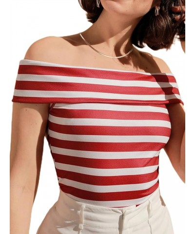 Women's Short Sleeve Vogue Fitted Off Shoulder Shirt Modal Top T-Shirt Sailor Red White Striped $8.99 T-Shirts