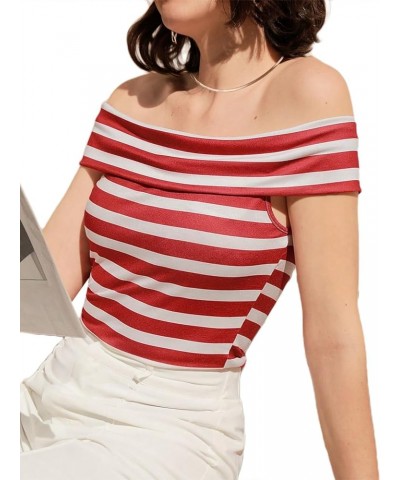 Women's Short Sleeve Vogue Fitted Off Shoulder Shirt Modal Top T-Shirt Sailor Red White Striped $8.99 T-Shirts