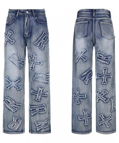 Women's Retro Denim Pants Letter Embroidered Casual Pants Gothic Street Y2K Casual Jeans Grey Blue $22.13 Jeans