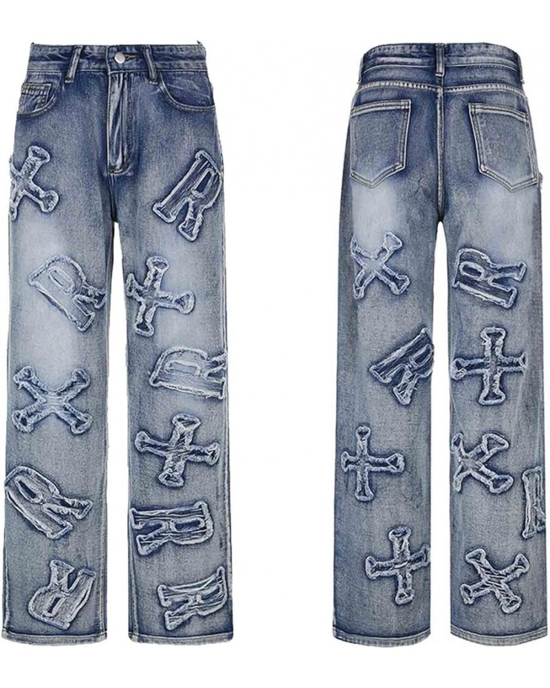 Women's Retro Denim Pants Letter Embroidered Casual Pants Gothic Street Y2K Casual Jeans Grey Blue $22.13 Jeans