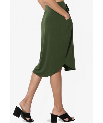 Women's Drawstring Elastic Waist Dolphin Hem Stretch Jersey Pocket Midi Skirt Army Green $10.34 Skirts