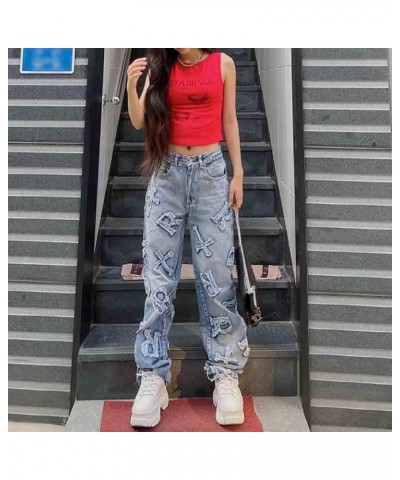 Women's Retro Denim Pants Letter Embroidered Casual Pants Gothic Street Y2K Casual Jeans Grey Blue $22.13 Jeans