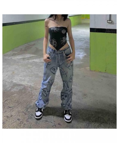 Women's Retro Denim Pants Letter Embroidered Casual Pants Gothic Street Y2K Casual Jeans Grey Blue $22.13 Jeans