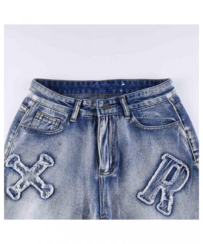 Women's Retro Denim Pants Letter Embroidered Casual Pants Gothic Street Y2K Casual Jeans Grey Blue $22.13 Jeans