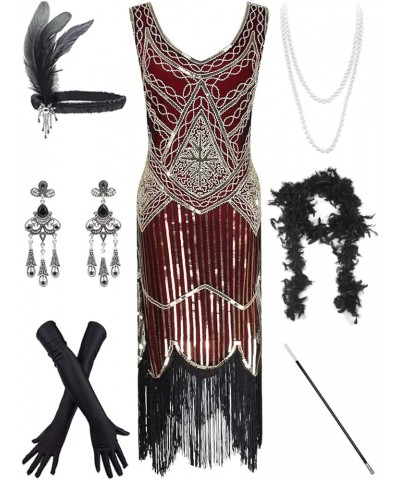 Women's Vintage 1920s Sequin Beaded Tassels Hem Flapper Dress w/accessories Set Gold&wine $23.94 Dresses