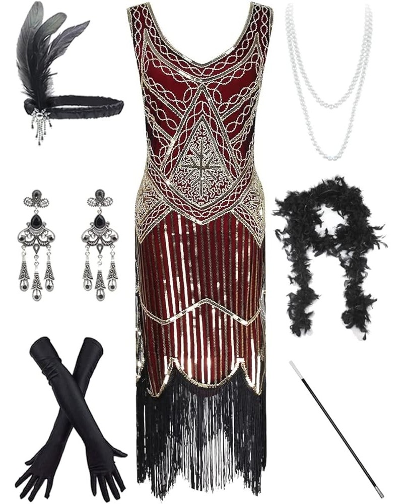 Women's Vintage 1920s Sequin Beaded Tassels Hem Flapper Dress w/accessories Set Gold&wine $23.94 Dresses