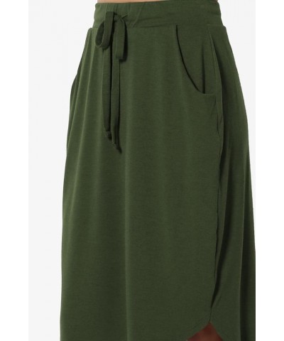 Women's Drawstring Elastic Waist Dolphin Hem Stretch Jersey Pocket Midi Skirt Army Green $10.34 Skirts